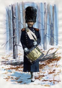 Pierwsze Cesarstwo (1804-1814 i 1815): żołnierz wielkiej armii napoleońskiej, bęben grenadierów francuskiej gwardii cesarskiej w płaszczu autorstwa Alessandro Lonati