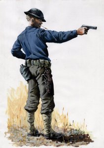 Pierwsza wojna światowa 1914-1918: piechura armii amerykańskiej z pistoletem w 1917 roku na froncie zachodnim. Rysunek autorstwa Alessandro Lonatiego autorstwa Alessandro Lonati