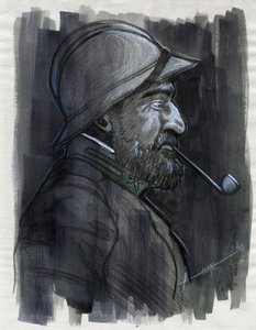 Pierwsza wojna światowa 1914-1918: Profilowy portret żołnierza armii włoskiej palącego fajkę w 1915 roku. Rysunek Alessandro Lonati autorstwa Alessandro Lonati