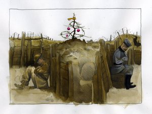 Pierwsza wojna światowa: samotność dwóch wrogich żołnierzy, Brytyjczyków (po lewej) i Niemców w okopach, w okresie Bożego Narodzenia 1914-1918 Ilustracja: Alessandro Lonati autorstwa Alessandro Lonati