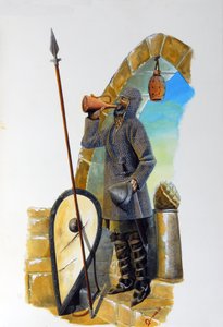 Pierwsza krucjata: spoczywający żuraw, odziany w siatkowy płaszcz, pije z karafki, obok niego znajduje się jego tarcza i włócznia. Ilustracja autorstwa Alessandro Lonatiego autorstwa Alessandro Lonati