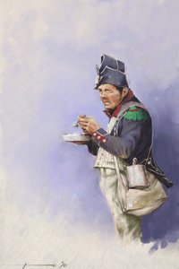Pierwsze imperium: żołnierz lekkiej piechoty podczas posiłku podczas kampanii Napoleona I (prawdopodobnie w Rosji) Początek XIX wieku. Ilustracja autorstwa Alessandro Lonatiego. 2010 autorstwa Alessandro Lonati