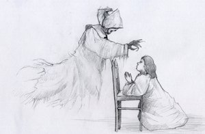 Duch starszej zakonnicy z krzywymi rękoma ukazuje się modlącej się dziewczynce Ilustracja autorstwa Alessandro Lonati autorstwa Alessandro Lonati