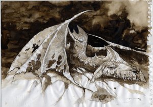 Ilustracja fantastycznego i legendarnego zwierzęcia: padlina martwego smoka. Kolorystyka autorstwa Alessandro Lonatiego. autorstwa Alessandro Lonati