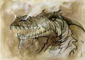 Ilustracja fantastycznego i legendarnego zwierzęcia: głowa smoka odrzucająca dym przez pysk. Kolorystyka autorstwa Alessandro Lonatiego. autorstwa Alessandro Lonati