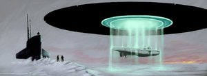 Spotkanie na biegunie północnym między okrętem podwodnym typu U-boot a latającym spodkiem (UFO, UFO lub obcy) w celu odzyskania okrętu podwodnego zabranego przez kosmitów podczas wojny. Rysunek autorstwa Alessandro Lonatiego