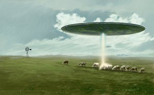 Tajemnicze zjawisko: latający spodek (kosmita lub UFO lub UFO) usuwający owcę (porwanie). Rysunek autorstwa Alessandro Lonatiego