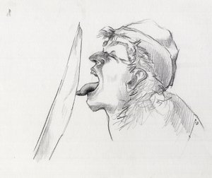 Portret pirata (korsarza) przeciwstawiającego się mieczowi, dotykając go językiem. Rysunek autorstwa Alessandro Lonatiego. autorstwa Alessandro Lonati