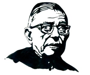 Portret francuskiego pisarza, filozofa i dramatopisarza Jean-Paul (Jean Paul) Sartre Rysunek autorstwa Alessandro Lonati