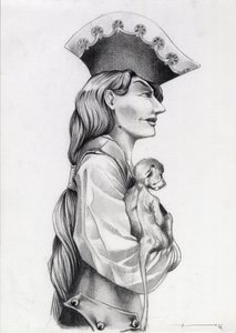 Portret profilowy piratki z Karaibów (kasarz), z małą małpką w ramionach. Rysunek autorstwa Alessandro Lonatiego. autorstwa Alessandro Lonati