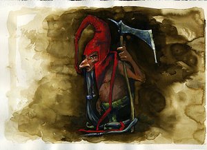 Przedstawienie czerwonej czapki (czerwona czapka, powrie lub dunter, Red-Bonnet) legendarnego złowrogiego stworzenia z rodziny goblinów z brytyjskiego folkloru - (czerwona czapka, złowrogi morderczy krasnolud, goblin, elf lub wróżka z folkloru pogranicza)  autorstwa Alessandro Lonati