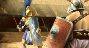 Arte romana: duelo de gladiadores entre um gladiador mirmillo (esquerda) e um trácio em um anfiteatro. Desenho de Alessandro Lonatipolish autorstwa Alessandro Lonati