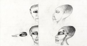 Ilustracja science fiction (science fiction): badanie twarzy obcego lub kosmity (obcego lub kosmity) od planety Mars do podboju kosmosu lub wszechświata. Rysunek autorstwa Alessandro Lonatiego autorstwa Alessandro Lonati