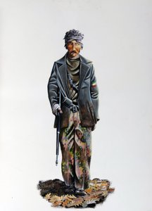 II wojna światowa: członek włoskiego ruchu oporu (makia lub partyzant, partyzant) (Resistenza Italiana), ubrany w strój maskujący i broń z karabinem maszynowym. 1943-1945. Ilustracja autorstwa Alessandro Lonatiego autorstwa Alessandro Lonati