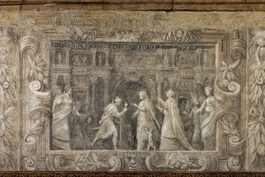 Fresk monochromatyczny odtwarzający przedstawienia teatralne (fresk) autorstwa Alessandro Maganza
