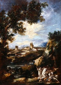 Krajobraz z braćmi karmelitańskimi modlącymi się w przydrożnej kapliczce, ok. 1720 (olej na płótnie) autorstwa Alessandro Magnasco