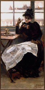 Kobieta w czerni, czyta gazetę, popija kawę w bistro. Obraz Alessandro Milesi (1856-1945) Genes Galleria autorstwa Arte Moderna