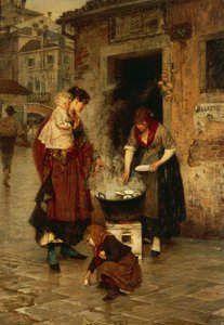 Sprzedawca małży w Wenecji, Alessandro Milesi (1856-1945), olej na płótnie, 91x65 cm. Włochy, XX wiek.