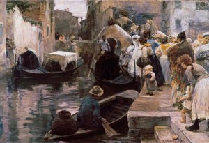 ""Ślub w Wenecji"" Nowożeńcy jadą gondolą. Obraz Alessandro Milesi (1856-1945) 1897 Rzym. Galleria Nazionale d