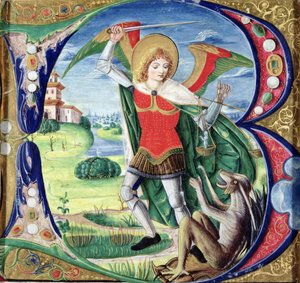 Historyczny inicjał „B” przedstawiający św. Michała i smoka, 1499-1511 autorstwa Alessandro Pampurino