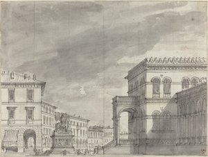 Piazza z pomnikiem jeździeckim i pałacem autorstwa Alessandro Sanquirico