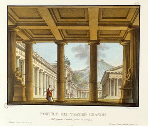 Portyk Teatru Wielkiego w Pompejach, w tle scenografia Vesuve do wykonania „opery” L