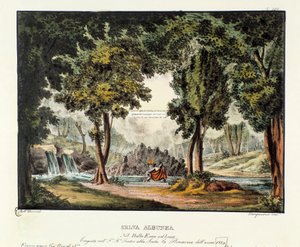 Las Scenografii Sybilli Albunea do przedstawienia dramatu operowego „Enea nel Lazio” (1799) Giuseppe Sarti. Litografia w „”Zbiorze wynalazków scenicznych z 1830 roku autorstwa Alessandro Sanquirico (1777-1849)””. Prywatna kolekcja mediolańska autorstwa Alessandro Sanquirico