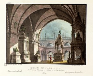 Grób rodziny Capuletów (Capuleti) Scenografia do przedstawienia w Teatro Carcano w 1829 roku opery „Giulietta e Romeo” (Julieta i Romeo) (1796) Niccolo Antonio Zingarelli według sztuki Williama Szekspira „Romeo i Julia”. litografia