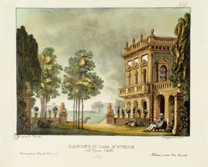 Widok na ogród i dom Otella Scenografia do opery „”Otello”” Gioacchino Rossiniego (lub Gioachino) (1816) według utworu Williama Szekspira „”Otello czyli Maur wenecki”). Litografia w zbiorze wynalazków scenicznych „Alessandry” z 1830 r. autorstwa Alessandro Sanquirico
