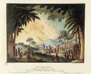 Widok na rozkoszną dolinę w czasie podboju Nowego Świata przez hiszpańską scenografię do baletu „Hiszpanie w Peru” włoskiego choreografa Giovanniego Galzeraniego (1780-1865) (1828). Litografia w „Zbiorze wynalazków scenicznych d autorstwa Alessandro Sanquirico