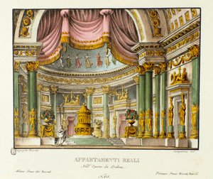 Widok na Pałac Królewski Królowej Kartaginy Didon Scenografia do przedstawienia lirycznej tragedii „Didon” (Didon) (1783) autorstwa kompozytora Niccolo Vito Piccinniego (lub Piccinniego) po operze Metastasio (Metastase). Litografia w „” Racco autorstwa Alessandro Sanquirico