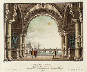 Widok sali pałacu królewskiego Scenografia do przedstawienia w 1829 roku opery „Bianca e Fernando” Vincenzo Belliniego (1826). Litografia w „”Zbiorze wynalazków scenicznych z 1830 roku autorstwa Alessandro Sanquirico (1777-1849)””. Prywatne Milanese autorstwa Alessandro Sanquirico