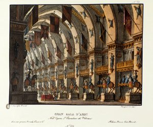 Widok na dużą salę broni Scenografia do przedstawienia opery „I cavalieri di Valenza” Giovanniego Paciniego i Gaetano Rossiego (1828). Litografia w „”Zbiorze wynalazków scenicznych z 1830 roku autorstwa Alessandro Sanquirico (1777-1849)””. mediolański p autorstwa Alessandro Sanquirico