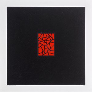 Red Bits on Black, 2021 (emalia na karcie) autorstwa Alex Dunn