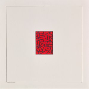 Red Bits on White, 2021 (emalia na karcie) autorstwa Alex Dunn