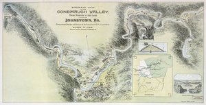 Widok z lotu ptaka na dolinę Conemaugh od Niniwy do jeziora, Johnstown, Pensylwania: z osobistych szkiców i badań Pennsylvania R.R. za pozwoleniem autorstwa Alex. Y.; Pennsylvania Railroad Lee