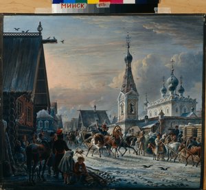Rosyjskie sanie pocztowe (trojka) krążące zimą po ulicy i witające mieszkańców w drodze (Ulica z Wagonami Pocztowymi) - Obraz Aleksandra Osipowicza Orłowskiego (1777-1832)