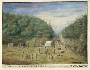 Dodać. 23920, f.11 "Widok na wodopoju Endeavour w Zatoce Dobrego Sukcesu, Ziemia Ognista, z tubylcami", styczeń 1769 (pióro i atrament z akwarelą na papierze)