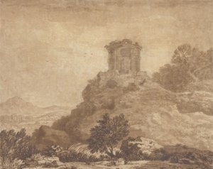 Krajobraz ze zrujnowaną świątynią, ok. 1756 (grafit i wash na papierze) autorstwa Alexander Cozens