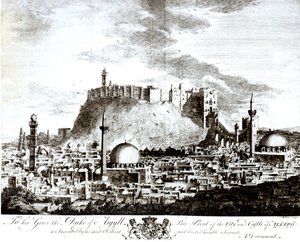 Widok miasta i zamku Aleppo, Syria, 1754 autorstwa Alexander Drummond