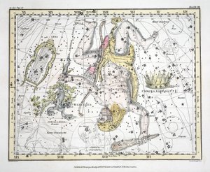 Konstelacje (tabl. VIII) Corona Borealis, Herkules i Cerber, Lyra, z „Atlasu niebieskiego” Aleksandra Jamiesona, wyd. Londyn 1822 (ręcznie kolorowane grawerowanie)