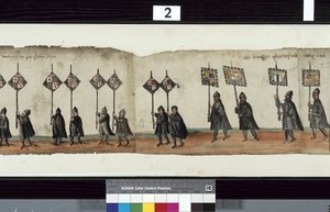 Fragment obrazu The Huntly Funeral Procession, który podobno został użyty podczas pogrzebu George