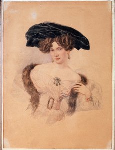 Portret artysty Yevdokiya Bakuniny (1793-1882) w czarnym berecie (Portret artysty Yevdokiya Bakuniny w czarnym berecie). Grafika Aleksandra Pawłowicza Briulłowa (Alexander Briullov) (1798-1877). Akwarela na papierze