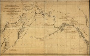 Ogólna mapa obejmująca Północny Pacyfik, niewielką część Oceanu Arktycznego na północ od Cieśniny Beringa oraz przyległe regiony przybrzeżne rosyjskiego Dalekiego Wschodu i Alaski. Wydrukowana mapa nie pokazuje konkretnie zidentyfikowanych odkryć ani tras  autorstwa Alexander Russia. Depo Kart; Wilbrecht