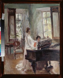 Dans le salon de reception (W sali recepcyjnej) - Dwie kobiety muzykują, śpiewają i grają na pianinie - Dzieło Aleksandra Walentynowicza Sredina (Sredina) (1872-1934), olej na tekturze - Sztuka rosyjska koniec XIX-początek XX wieku, modernizm - Regionalny 