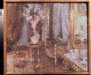 Wieczór w pokoju - Praca Aleksandra Walentynowicza Sredina (Sredina) (1872-1934), olej na tekturze - sztuka rosyjska, koniec XIX-początek XX wieku, modernizm - Państwowe Muzeum Sztuki Regionalnej I Pozhalostin, Riazań ( Rosja)