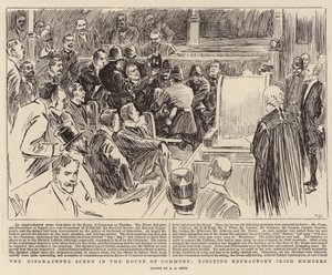 Haniebna scena w Izbie Gmin, wyrzucanie ogniotrwałych irlandzkich posłów autorstwa Alexander Stuart Boyd