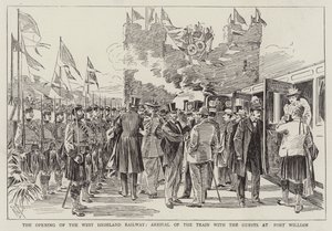 Otwarcie West Highland Railway, przyjazd pociągu z gośćmi w Fort William autorstwa Alexander Stuart Boyd