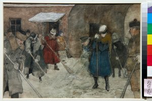 Ludzie zamiatający śnieg na ulicy zimą - Praca Aleksandra Iwanowicza Wachramejewa (1874-1926), ok. 1921 - Odśnieżanie - Akwarela, kolor biały, czarna kreda na papierze Aleksandra Iwanowicza Wachramejewa (1874-1926), ok. 1921 - 21,4x29 0,5 cm - St autorstwa Alexander Vakhrameyev