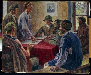 Posiedzenie Komitetu Ubogich Chłopów w 1918 r. (Posiedzenie Komitetu Ubogich Chłopów w 1918 r.). Malarstwo Aleksandra Wiktorowicza Morawowa (Aleksander Wiktor) (1878-1951), olej na płótnie